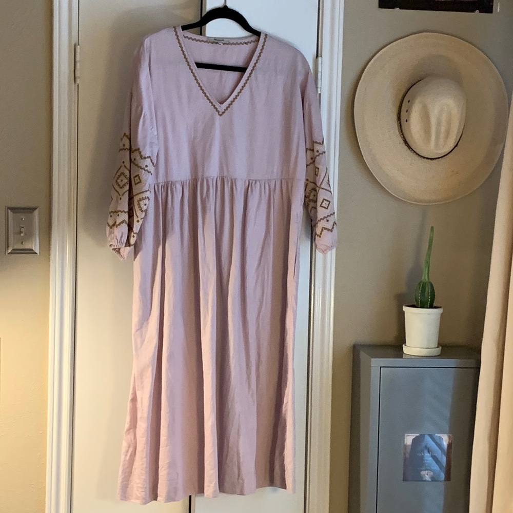 Madewell Embroidered-Sleeve Popover Midi Dress
